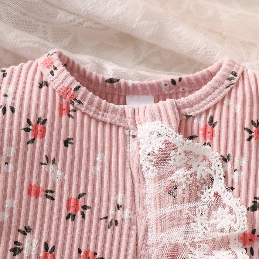 2PCS Charming Ditsy Floral Print Lace Long Sleeve Baby Zipper Jumpsuit
