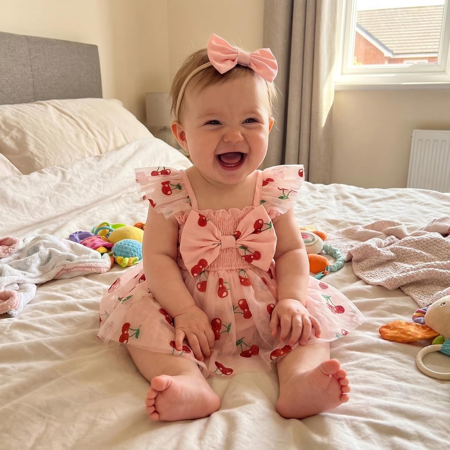 2PCS Lovely Cherry Print Tulle Flutter Sleeve Baby Romper
