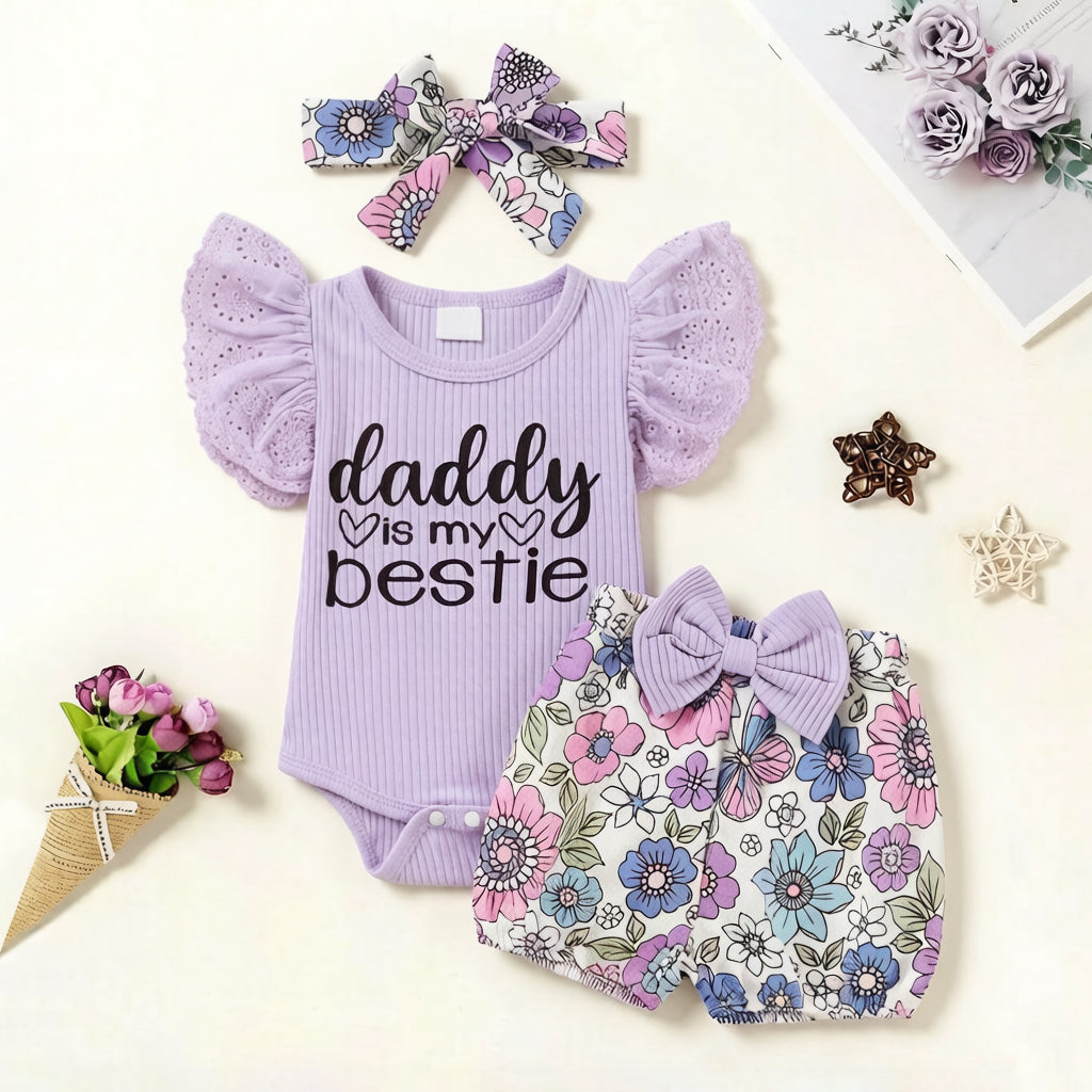 3PCS Daddy Is My Bestie Letter Floral Printed Flutter Sleeve Baby Set