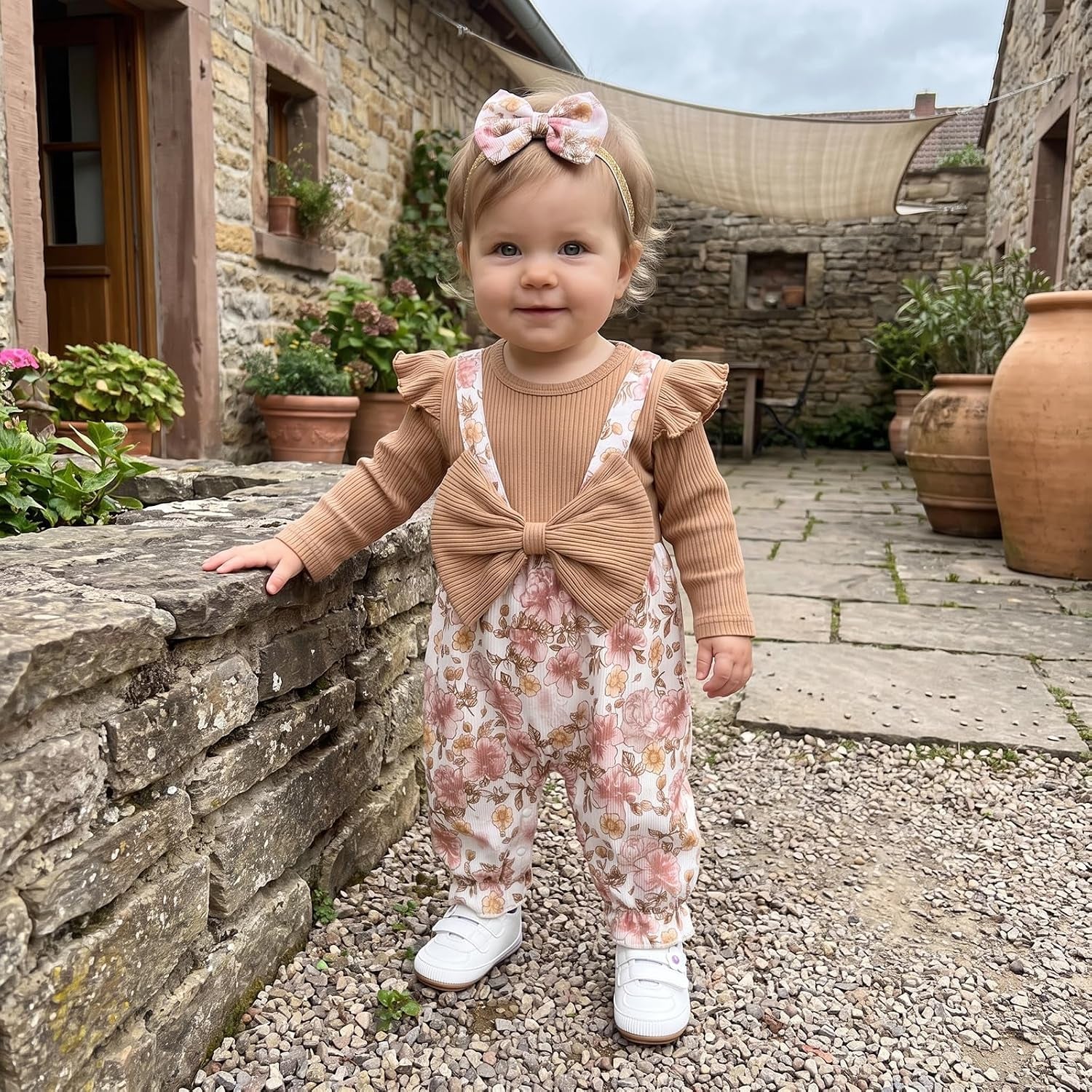 2PCS Classy Floral Printed Long Sleeve Baby Girl Jumpsuit