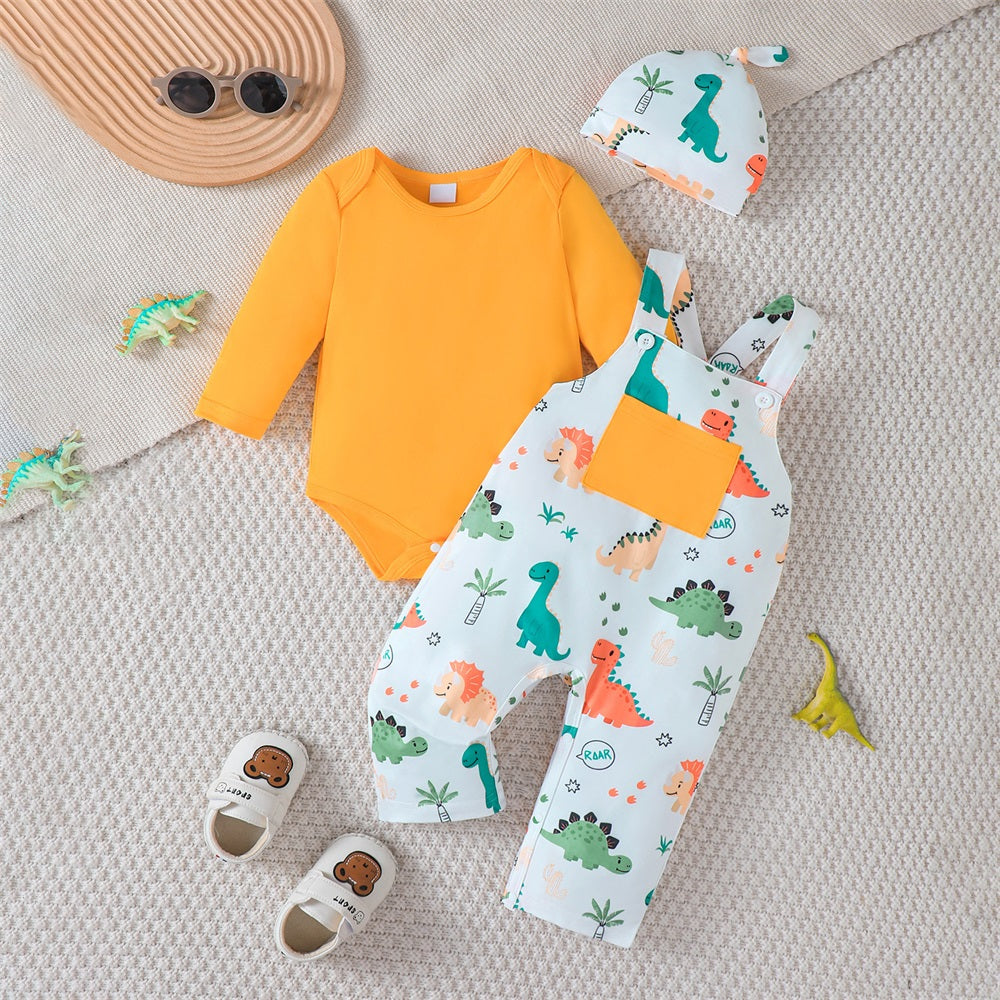 3PCS Casual Dinosaur Print Long Sleeve Baby Overalls Set