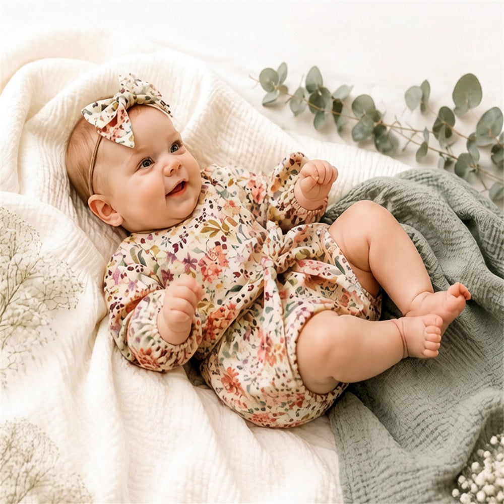 2PCS Grace Floral Print Long Sleeve Baby Girl Romper