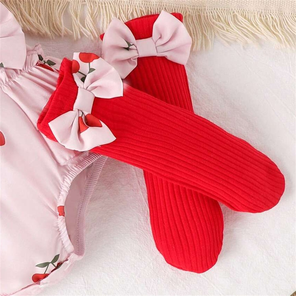 2PCS Cute Cherry Printed Ruffled Sleeveless Baby Romper