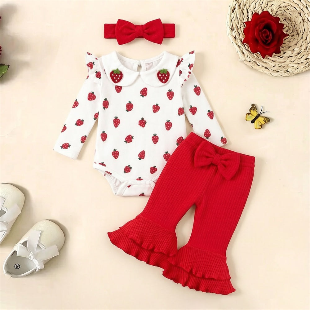 3PCS Quirky Strawberry Printed Long Sleeve Baby Set