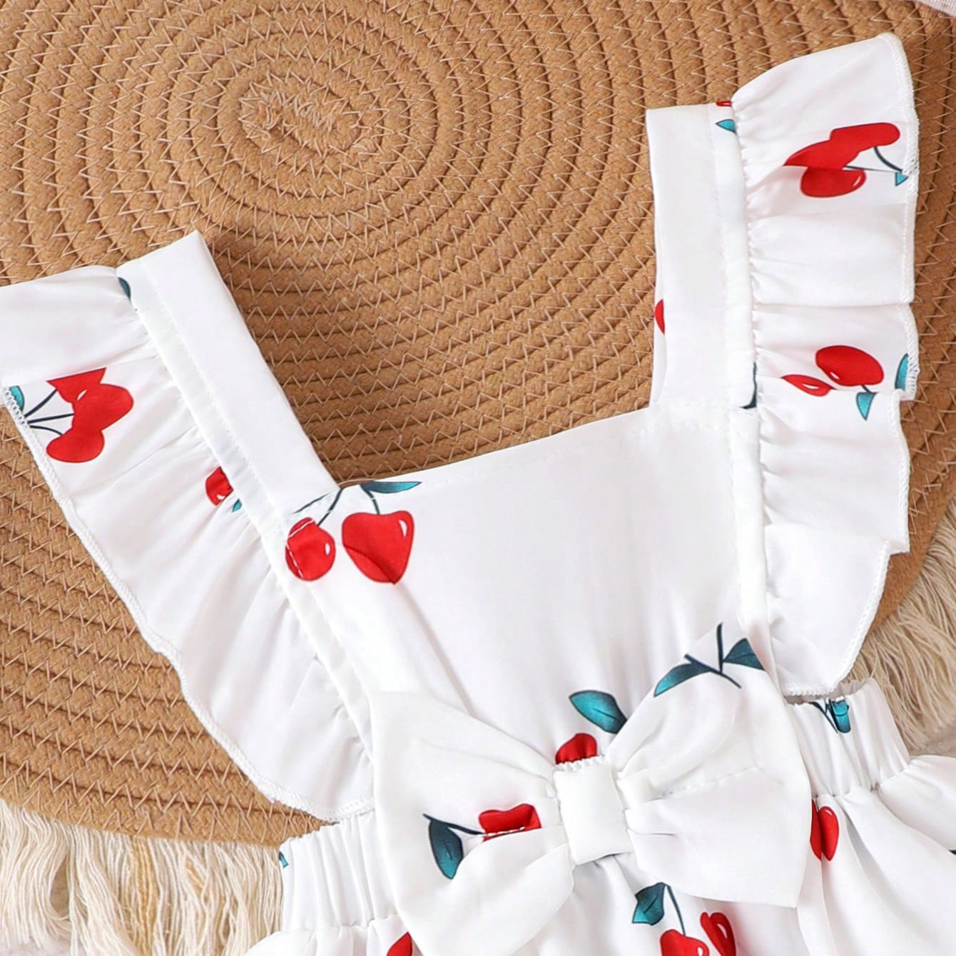 Sweet Cherry Printed Bowknot Flounce Sleeve Baby Romper
