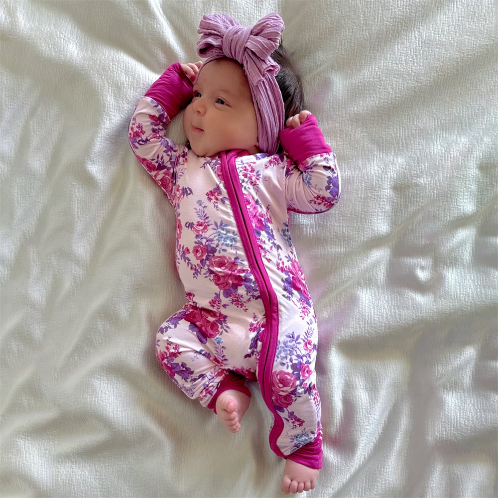 Stylish Cute Floral Printed Long Sleeve Zipper Baby Jumpsuit
