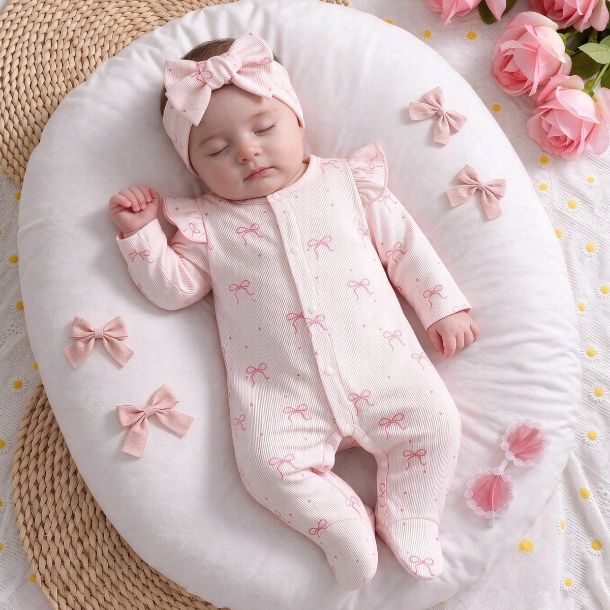 2PCS Dreamy Bow Printed Long Sleeve Baby Jumpsuit