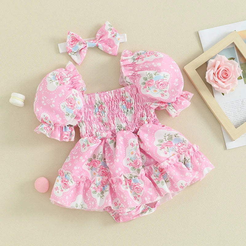 2PCS Charming Floral Print Short Sleeve Baby Romper