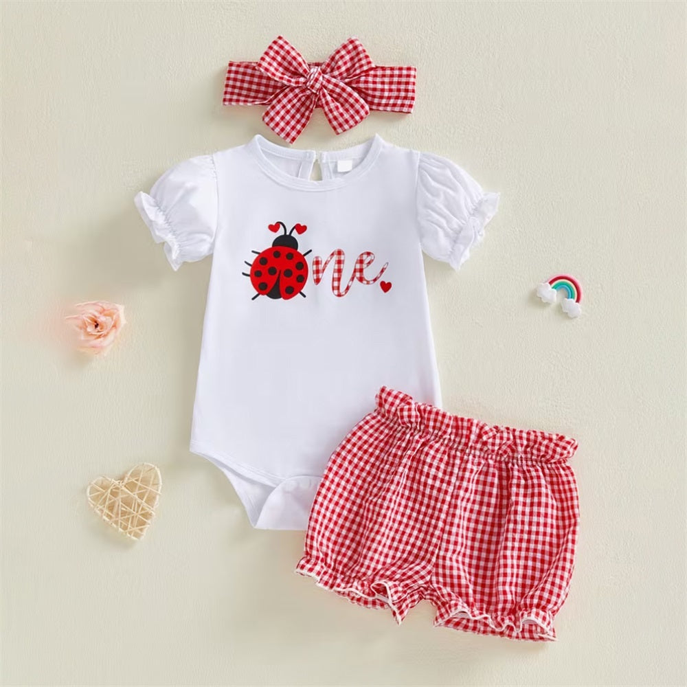 3PCS Cute Ladybug Printed Plaid Short Sleeve Baby Set