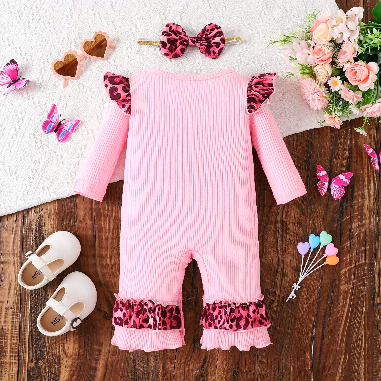 2PCS Heart Leopard Print Long Sleeve Baby Jumpsuit