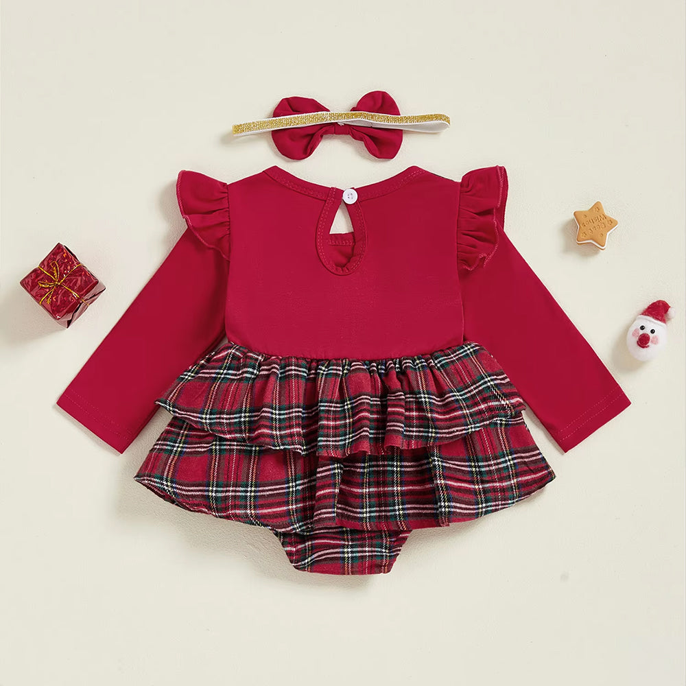 2PCS Sweet Santa Claus Applique Plaid Print Long Sleeve Baby Girl Romper