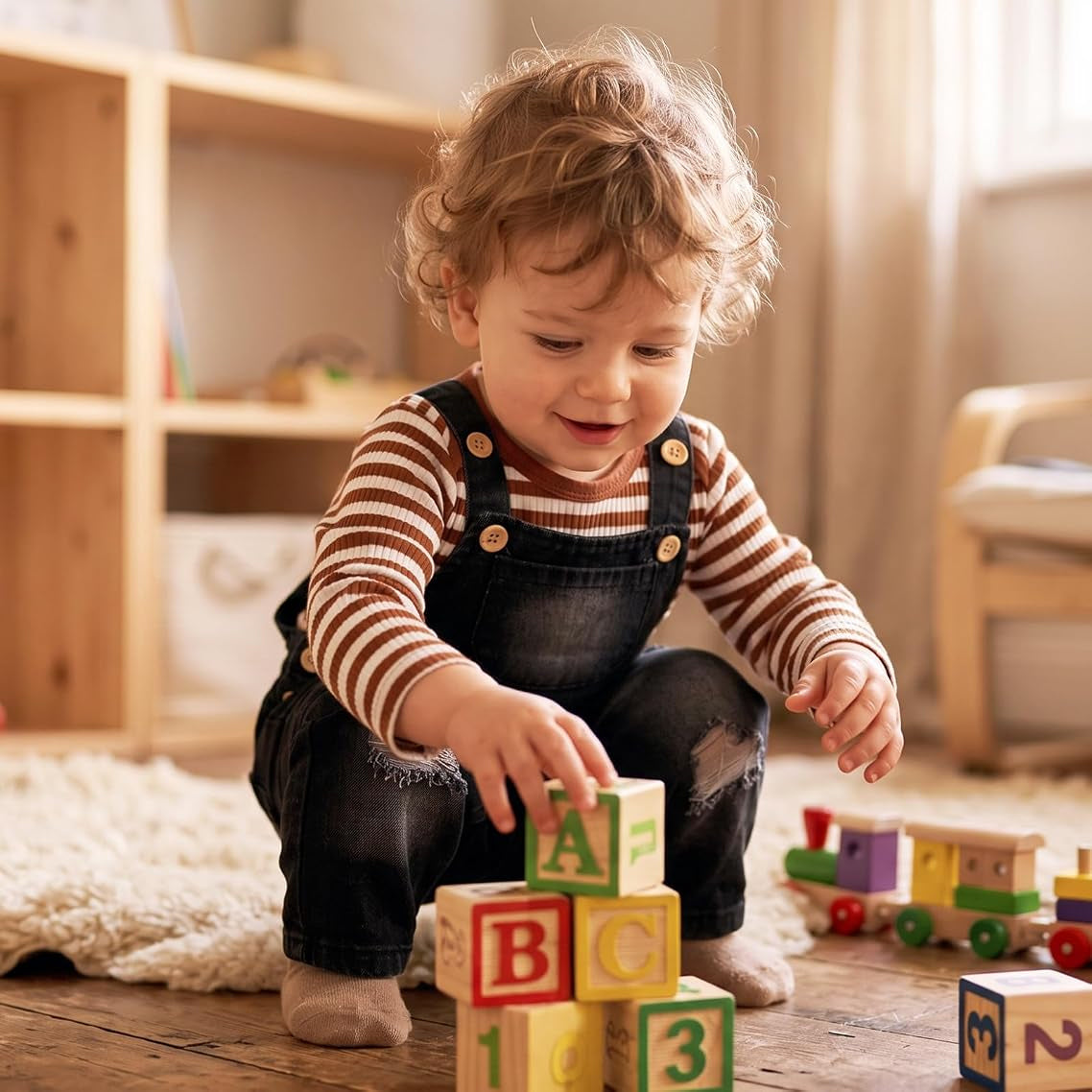 2PCS Stripe Printed Denim Overalls Baby Set