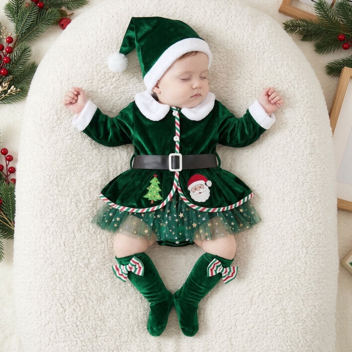3PCS Christmas Santa Claus Printed Tulle Long Sleeve Baby Romper