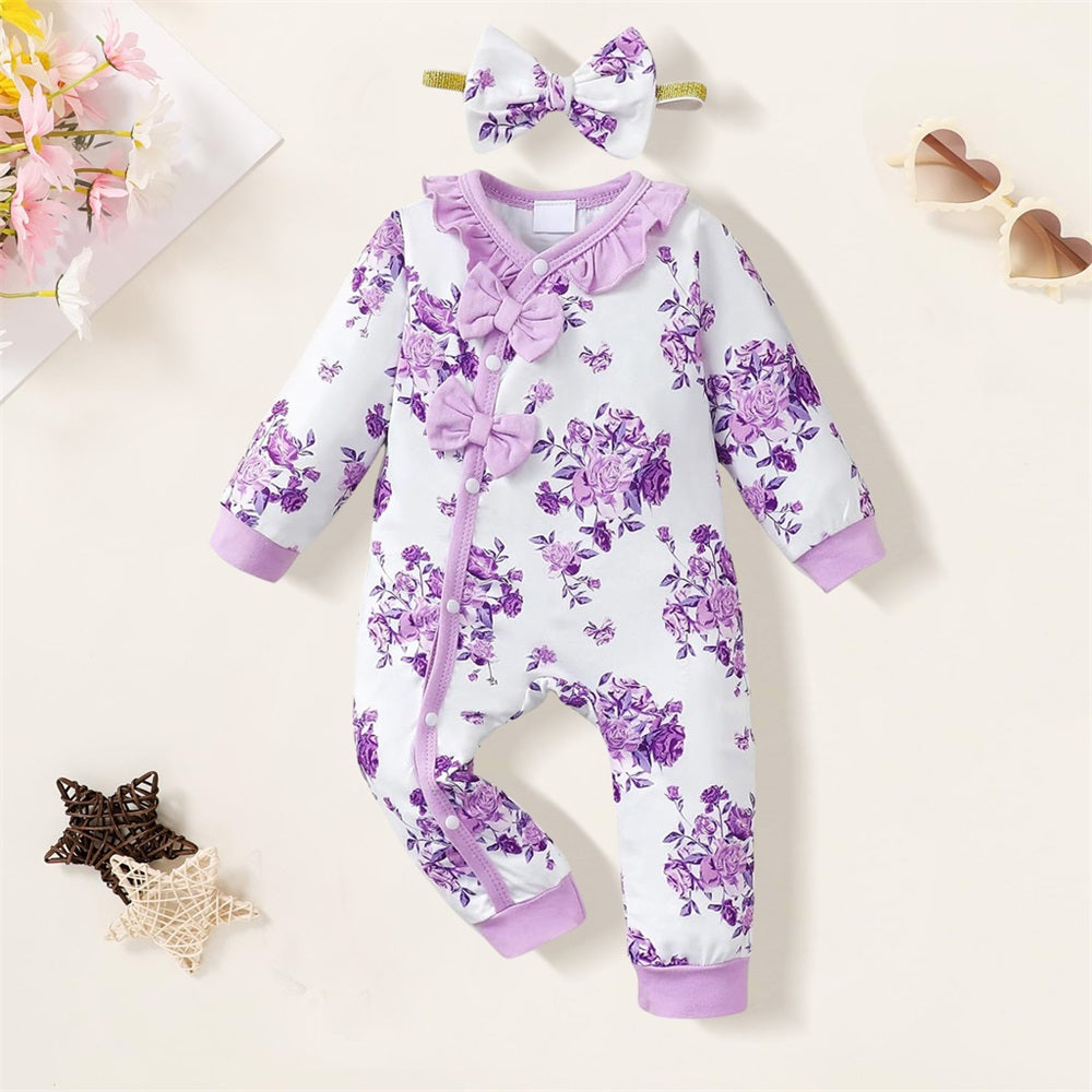 2PCS Fashion Floral Print Bow Long Sleeve Baby Jumpsuit