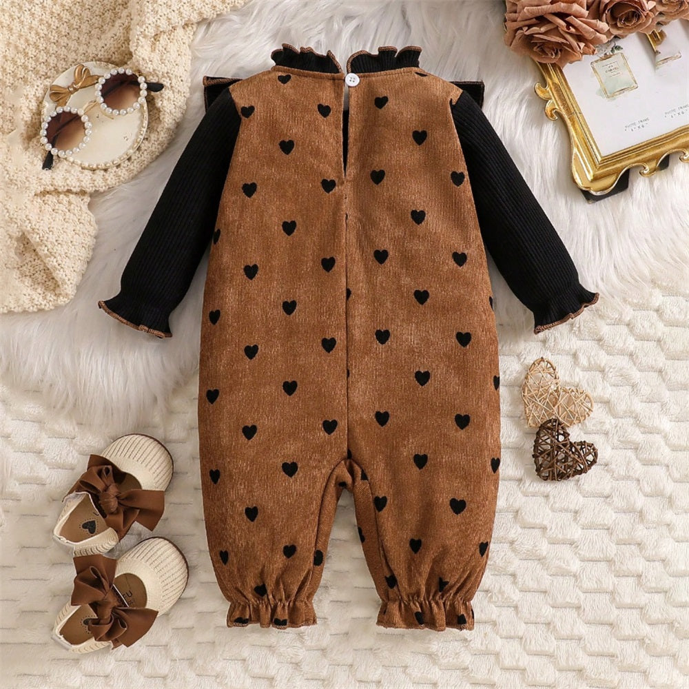 Heart Print Ruffle Trim Long Sleeve Patchwork Baby Jumpsuit