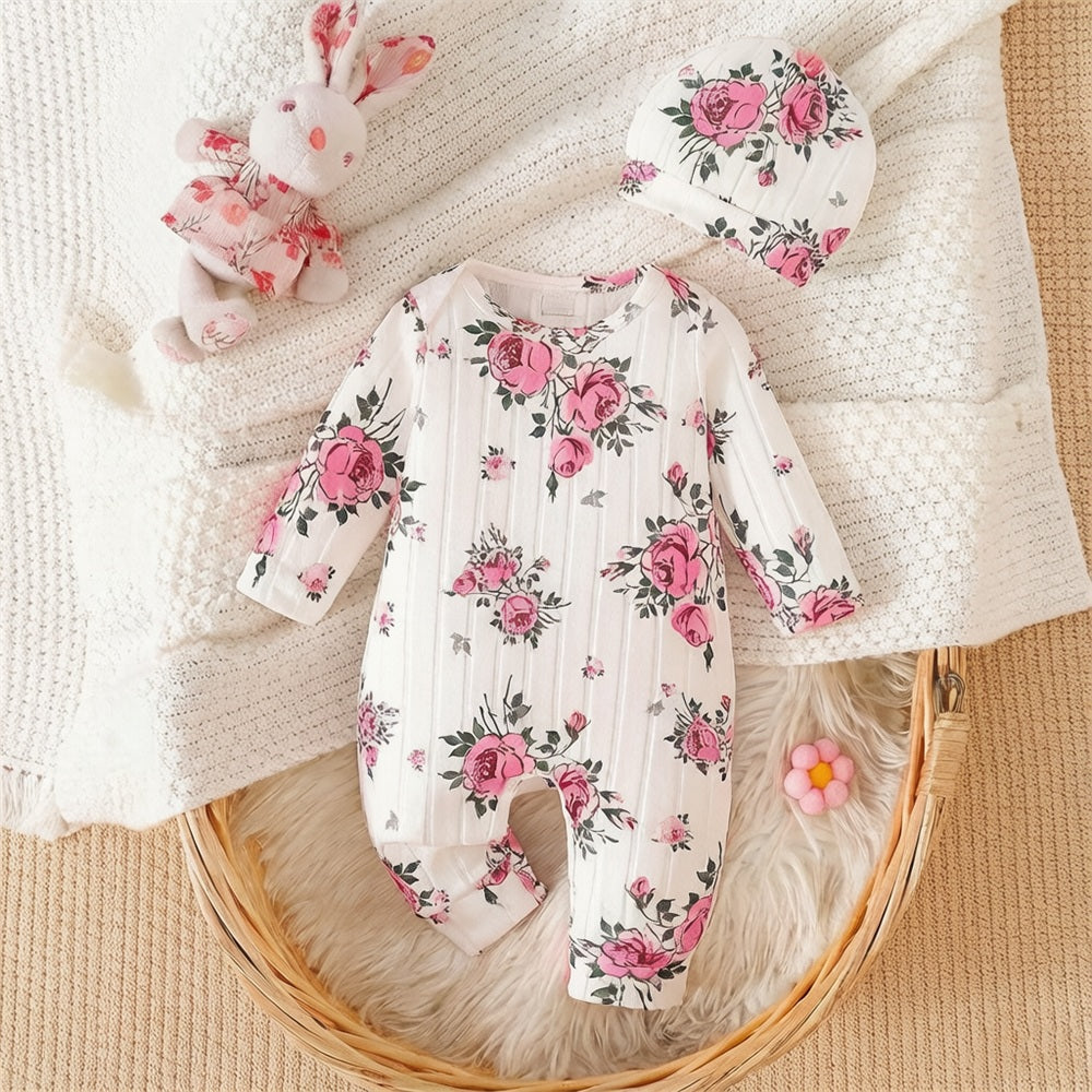 2PCS Classy Floral Printed Long Sleeve Baby Girl Jumpsuit