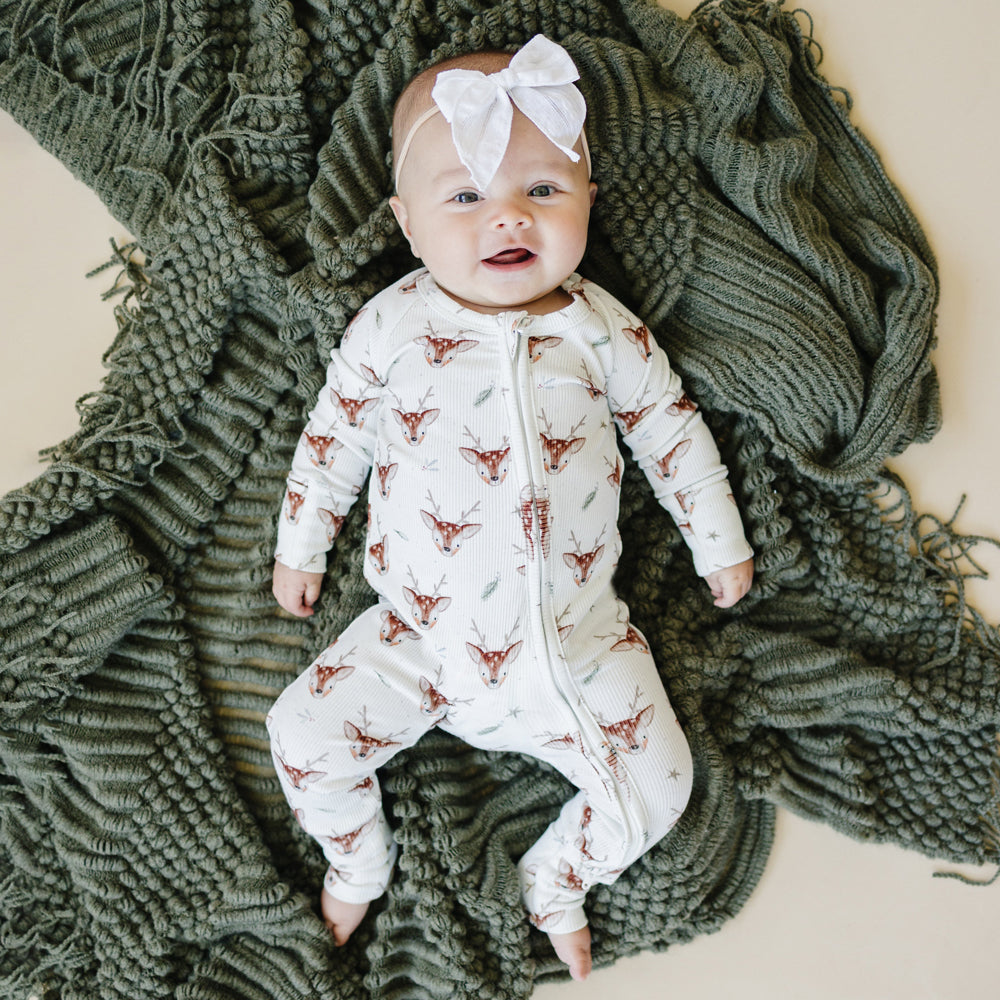 Cute Reindeer Printed Ribbed Zippy Baby Jumpsuit