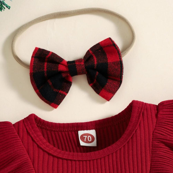 2PCS Christmas Plaid Printed Bow Baby Romper