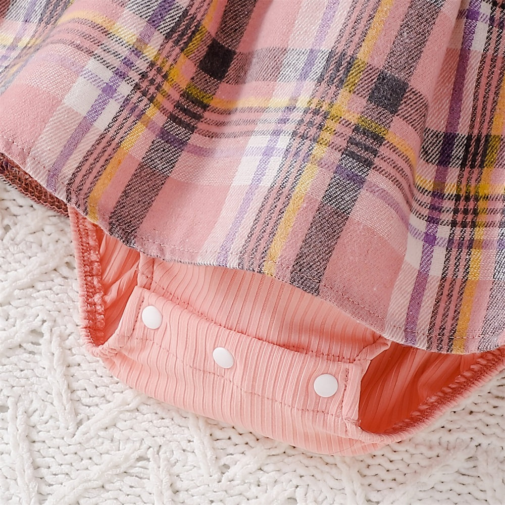 3PCS Sweet Plaid Print Puff Sleeve Baby Romper