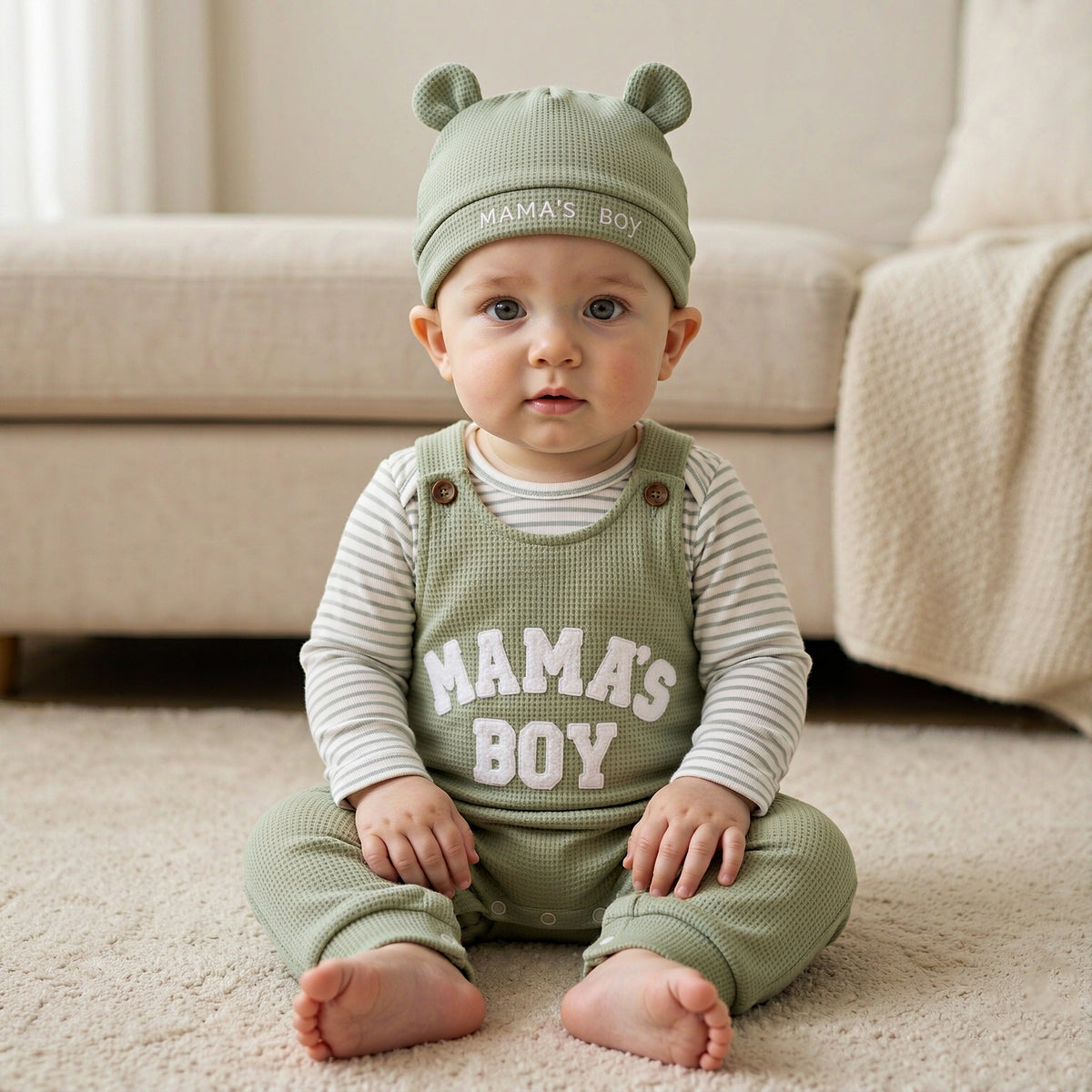 3PCS Mama's Boy Letter Applique Striped Long Sleeve Overalls Baby Set