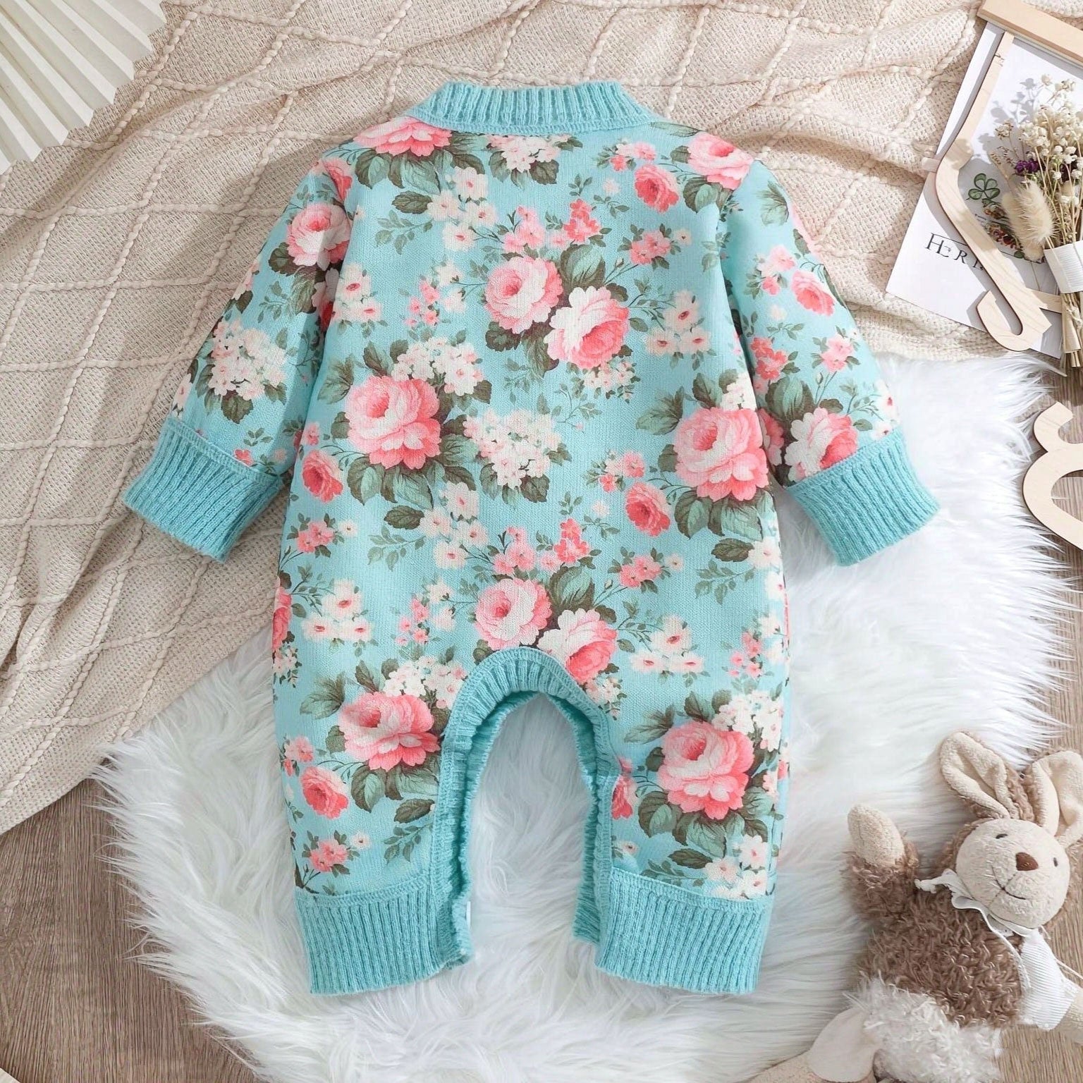 Grace Floral Printed Knit Long Sleeve Baby Jumpsuit