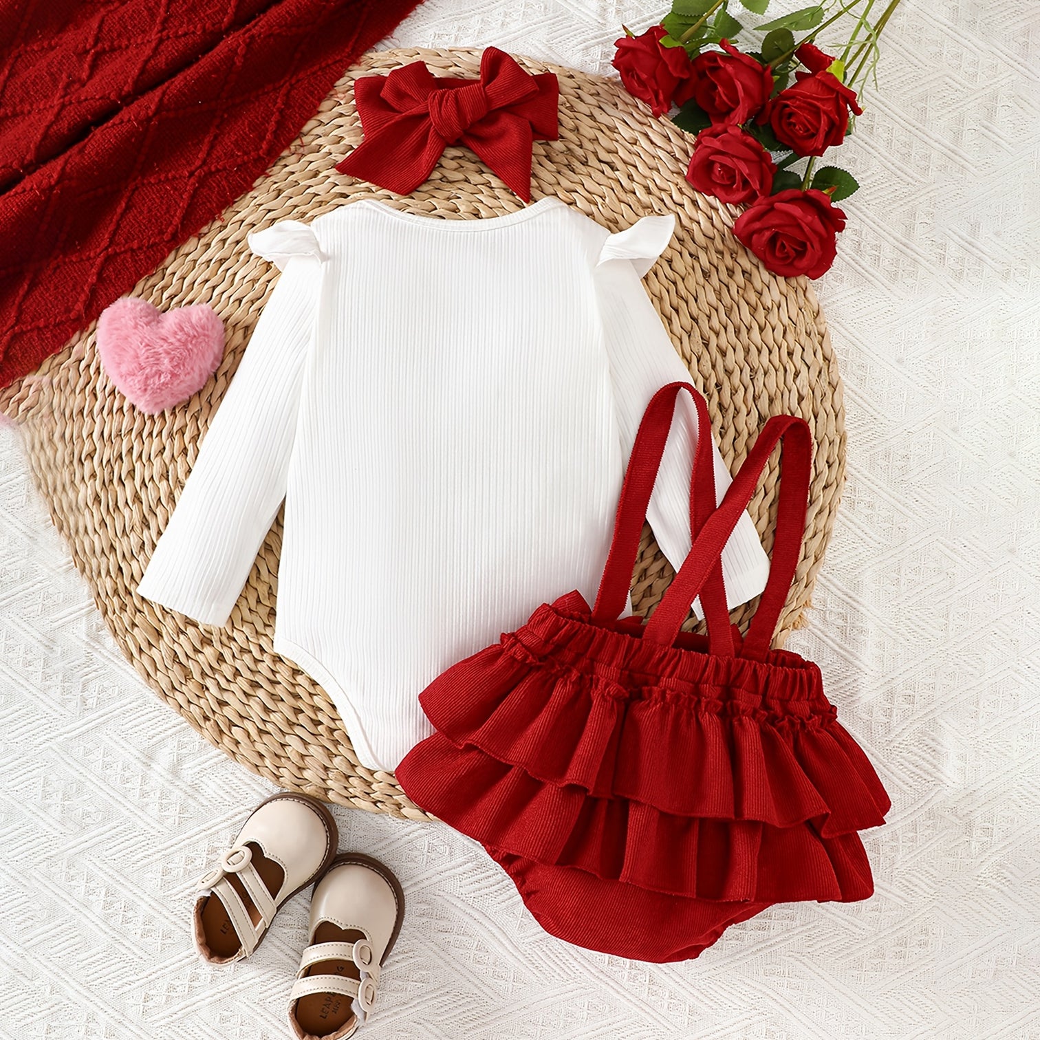 3PCS Grace Heart Printed Long Sleeve Overalls Baby Set