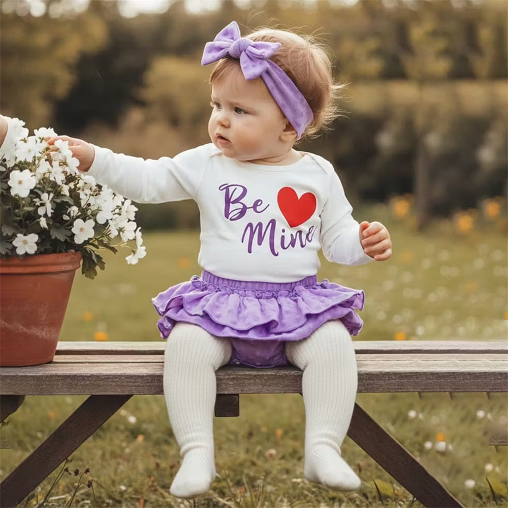 3PCS Be Mine Letter Heart Print Long Sleeve Baby Set