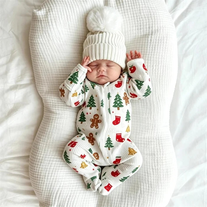 Christmas Tree Gingerbread Print Zipper Long Sleeve Baby Jumpsuit