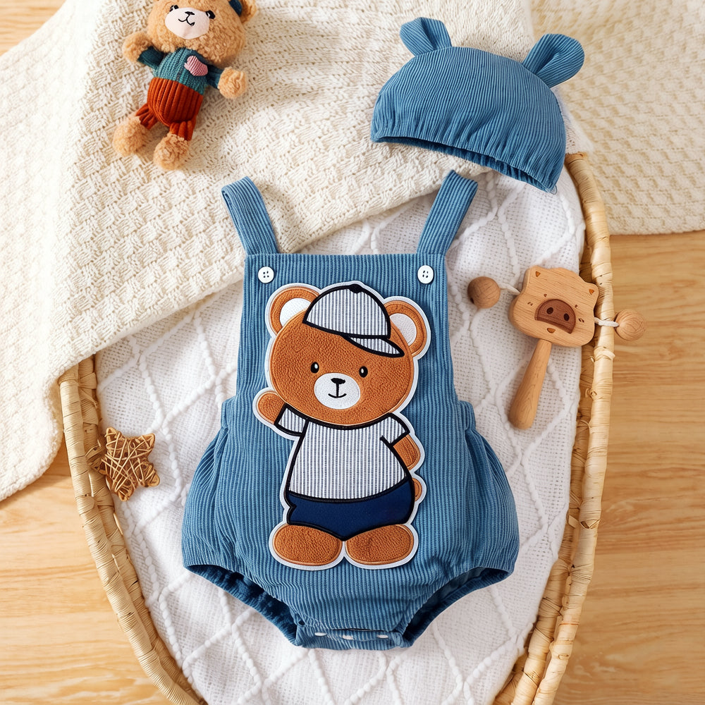 2PCS Casual Bear Embroidery Sleeveless Baby Romper