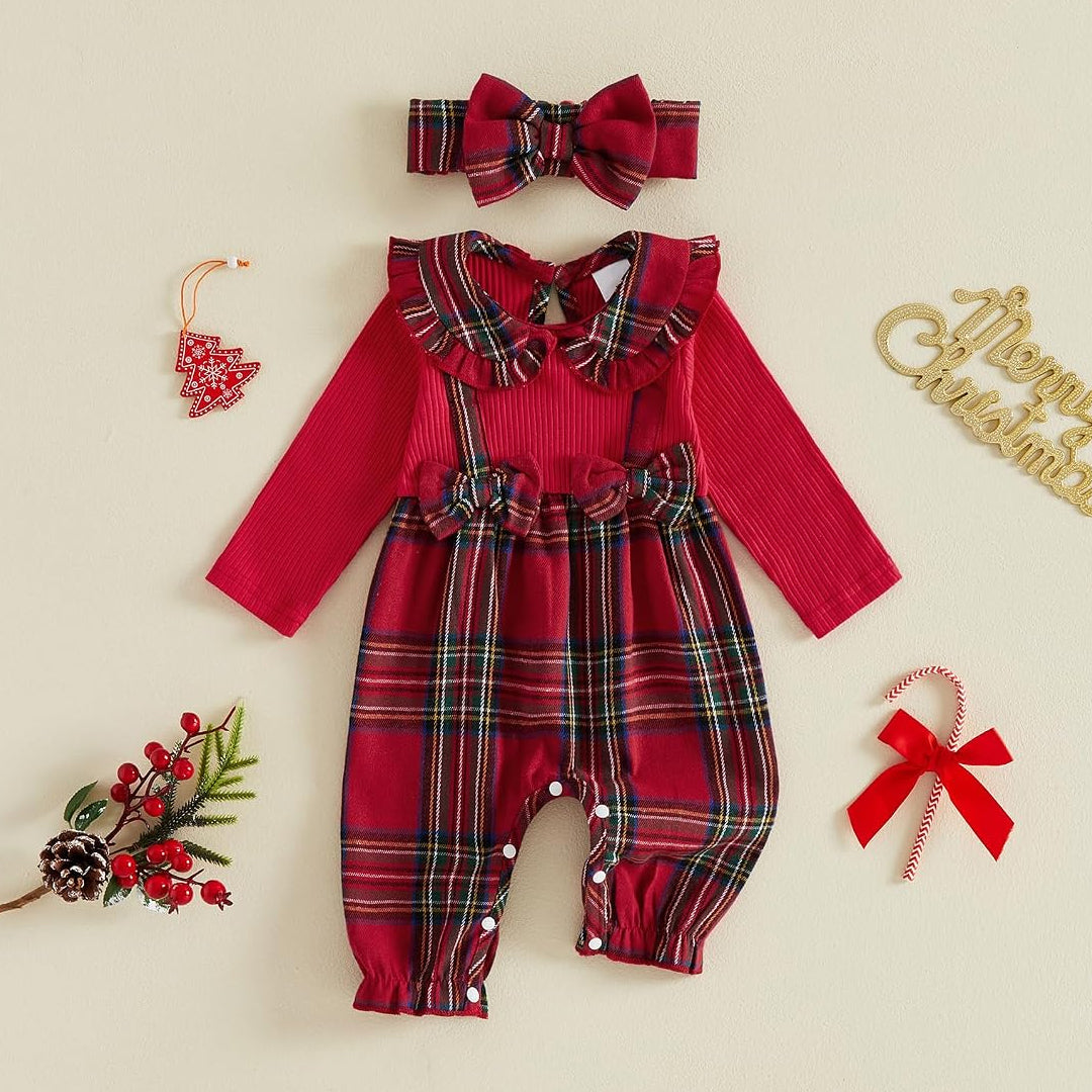 2PCS Cheerful Plaid Print Bow Long Sleeve Baby Girl Jumpsuit