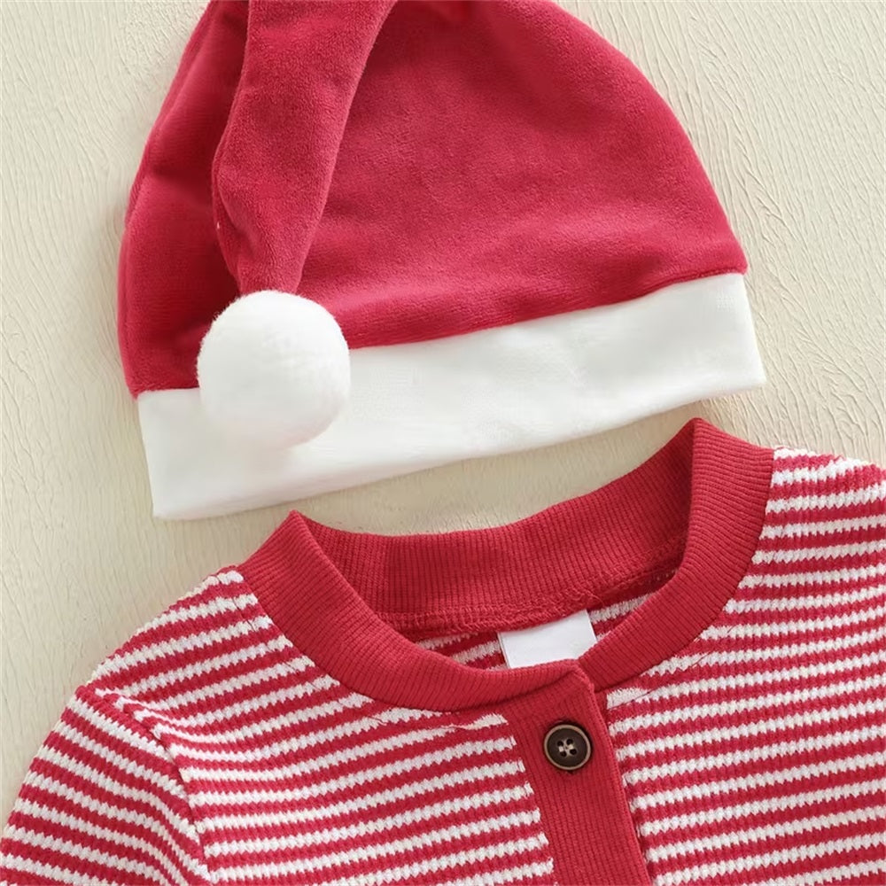 3PCS My First Christmas Letter Embroidery Stripe Print Baby Overalls Set