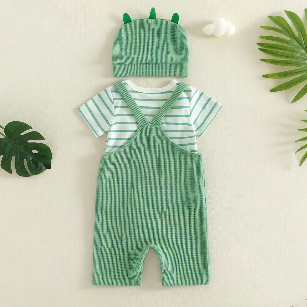 3PCS Dinosaur Stripe Printed Short Sleeve Baby Overalls Set