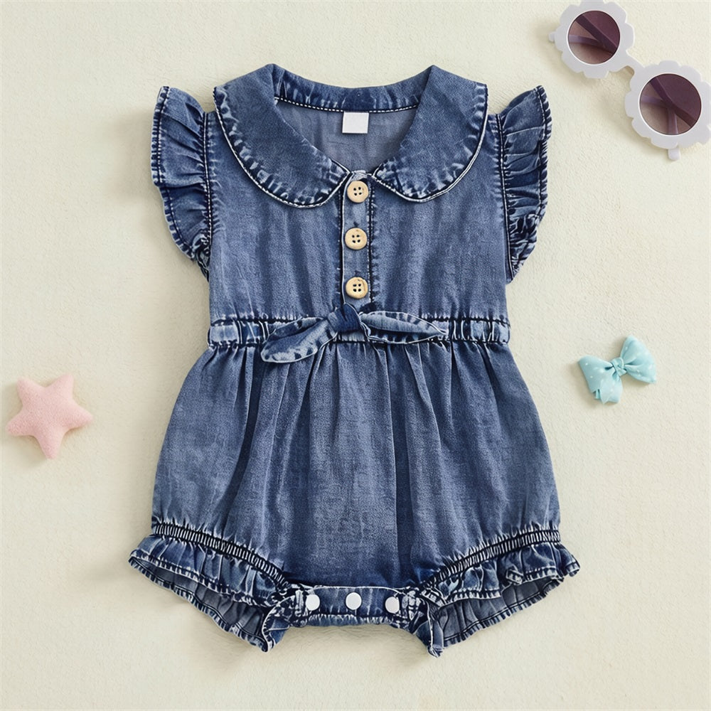 Western Cowgirl Solid Color Sleeveless Denim Baby Romper