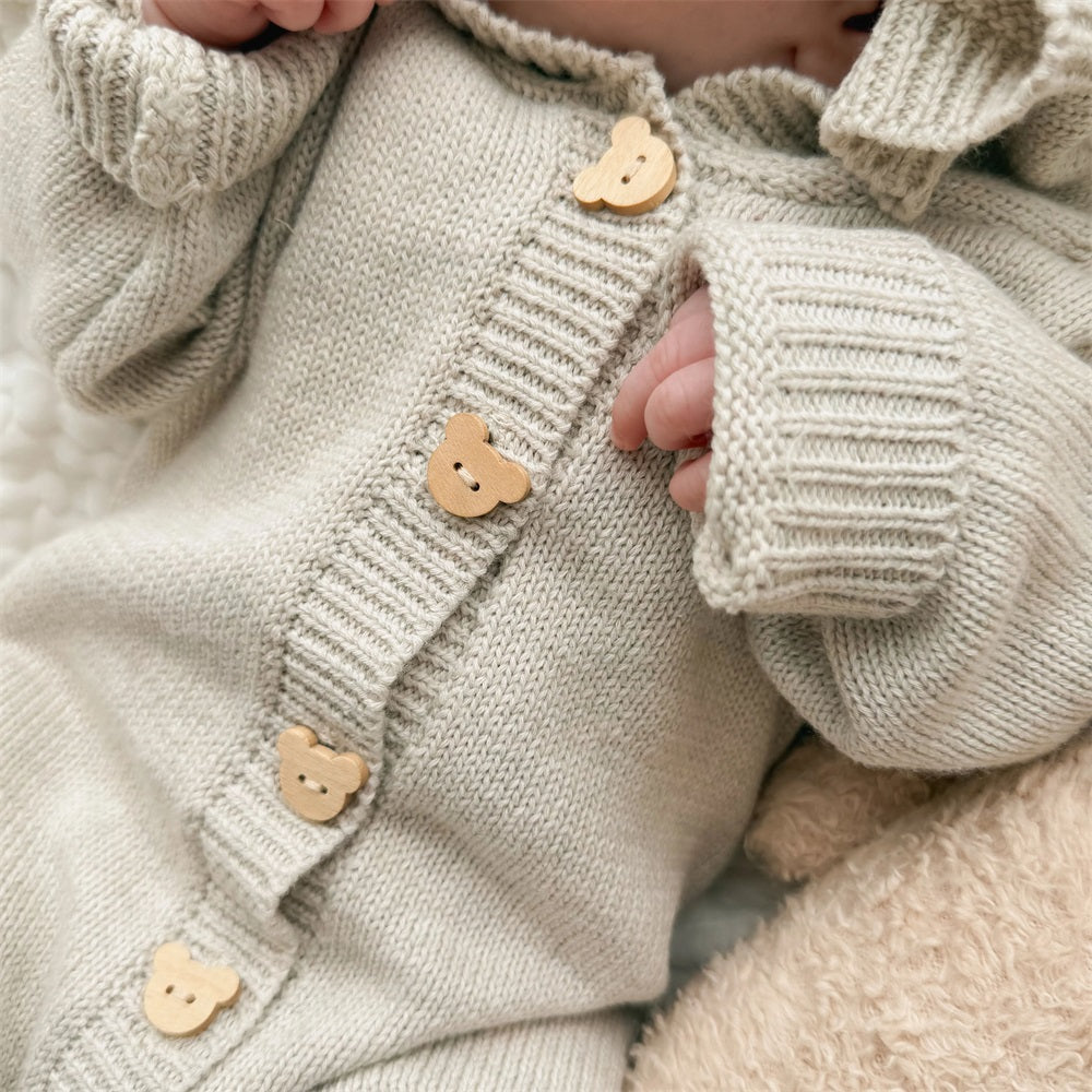 Cozy Solid Color Knit Long Sleeve Baby Hooded Jumpsuit