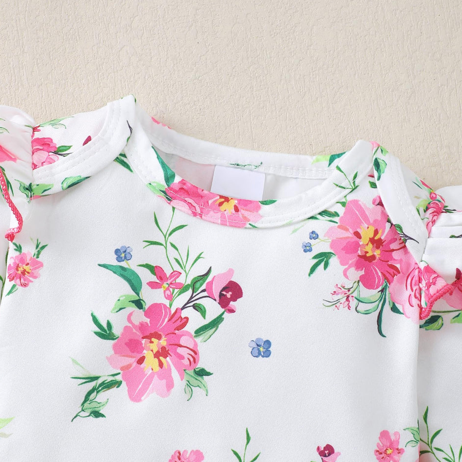 3PCS Pretty Floral Print Ruffle Shoulder Long Sleeve Baby Set