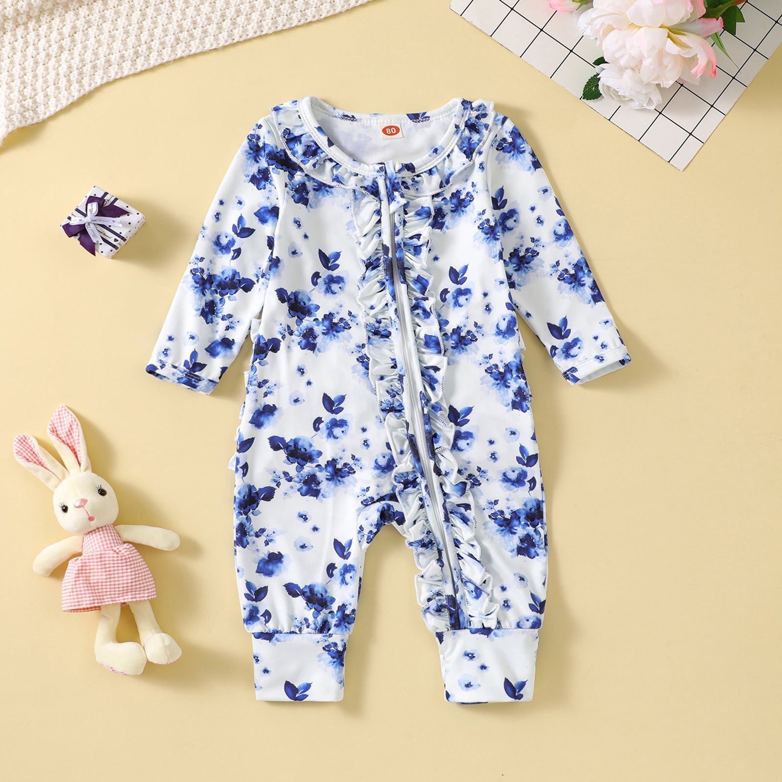 Elegant Floral Printed Long Sleeve Baby Jumpsuit