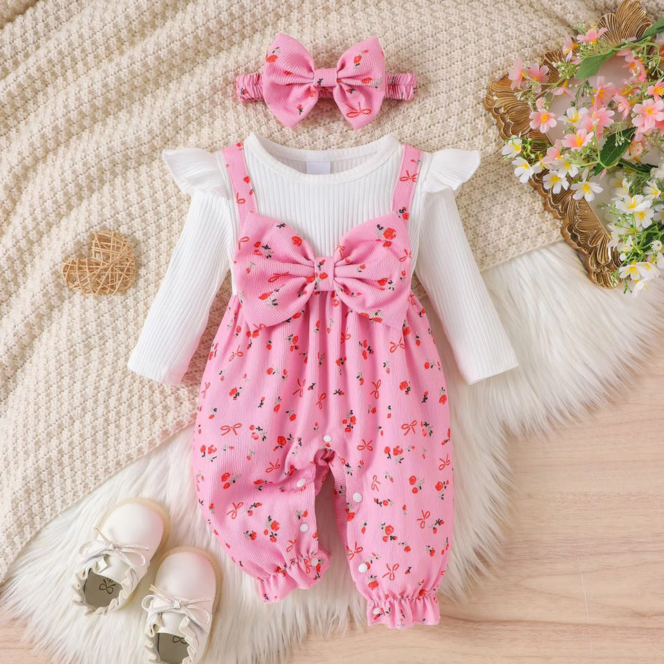 2PCS Sweet Floral Print Bowknot Long Sleeve Baby Jumpsuit