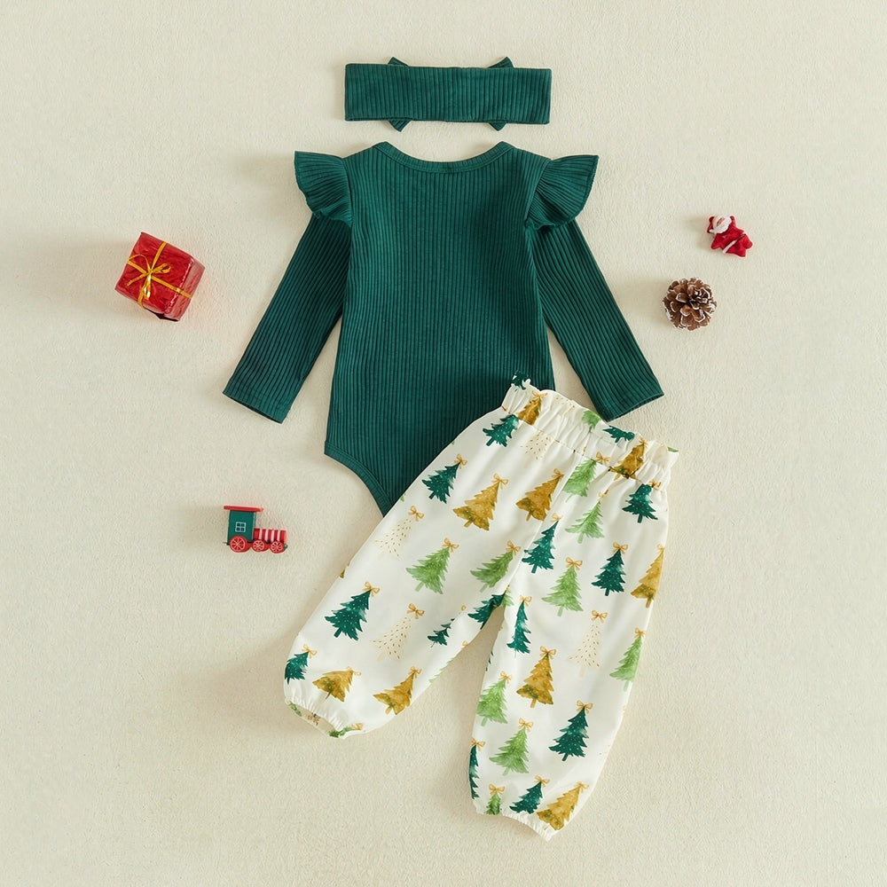 3PCS Sweet My First Christmas Letter Applique Tree Print Baby Girl Set