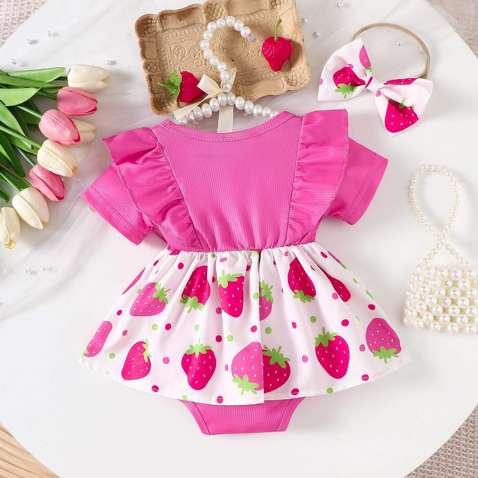 2PCS Sweet Strawberry Print Short Sleeve Baby Girl Romper