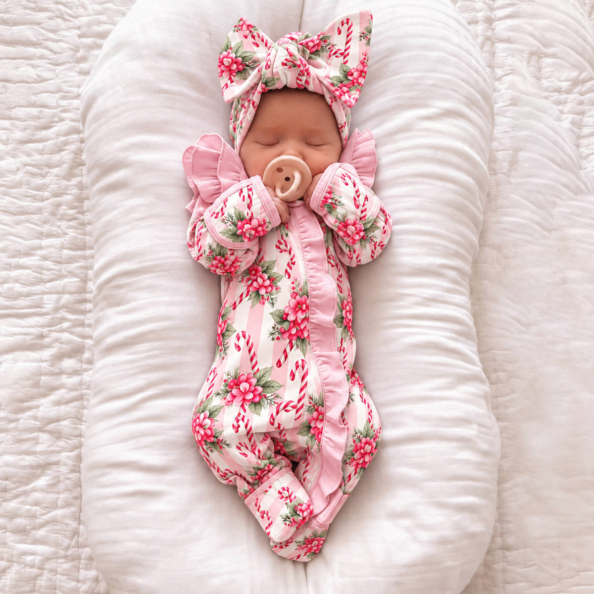 2PCS Candy Cane Floral Print Zipper Long Sleeve Baby Girl Jumpsuit