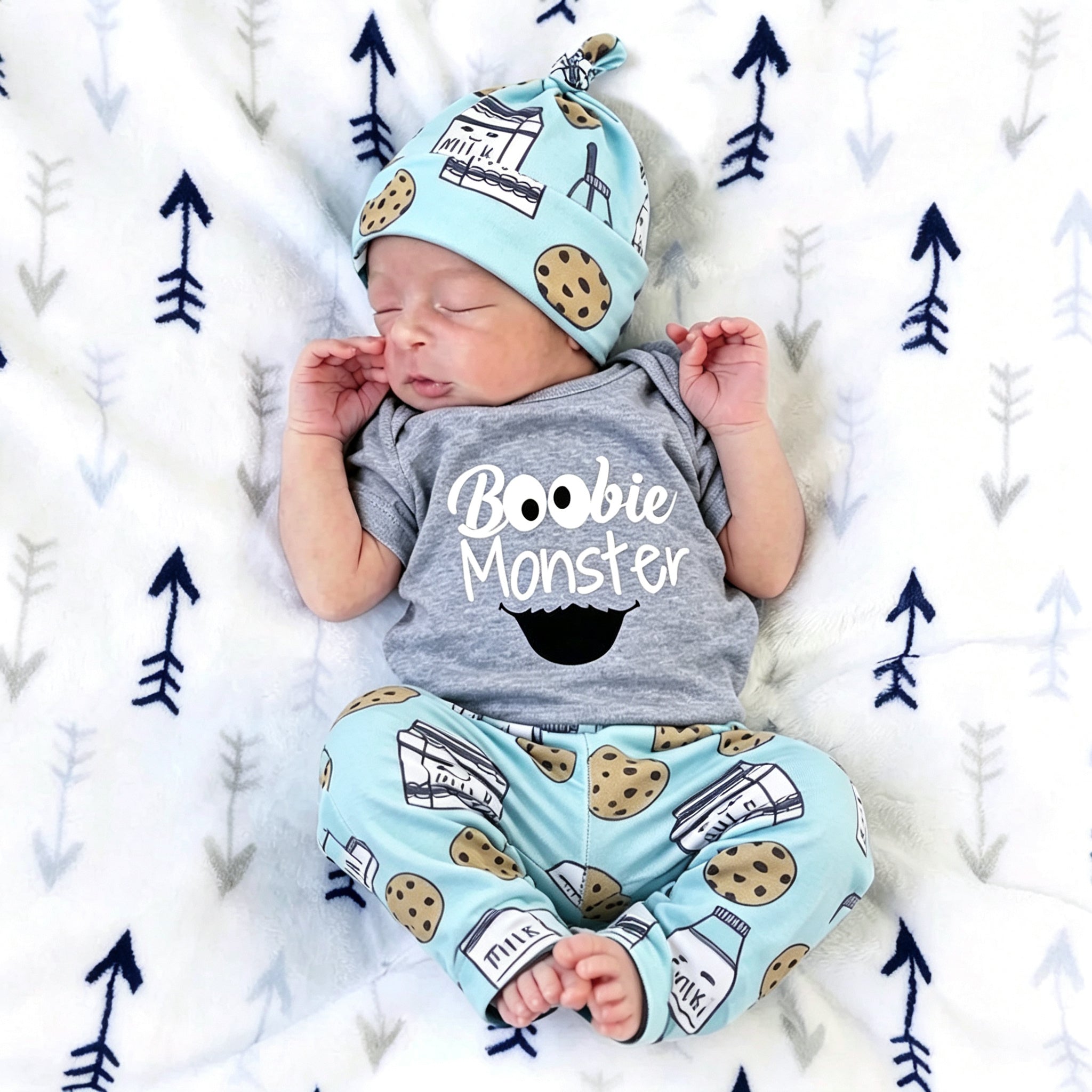 3PCS Boobie Monster Letter Printed Romper With Milk Printed Pants Baby Set
