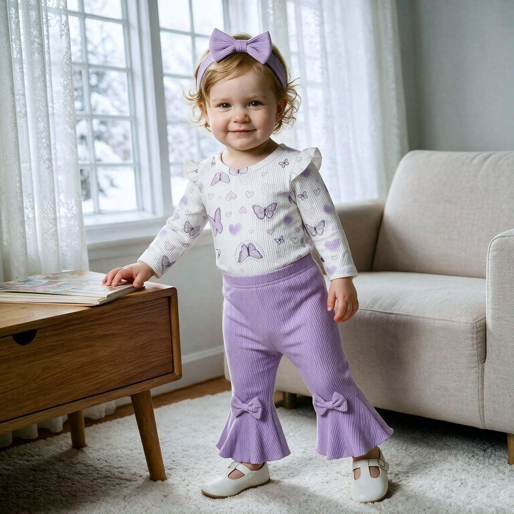 3PCS Lovely Butterfly Print Bowknot Long Sleeve Baby Girl Set