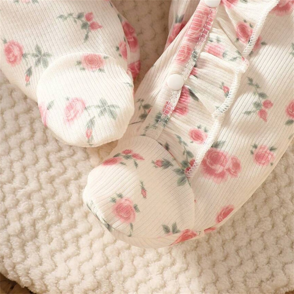 2PCS Comfy Floral Printed Ruffle Long Sleeve Baby Girl Jumpsuit