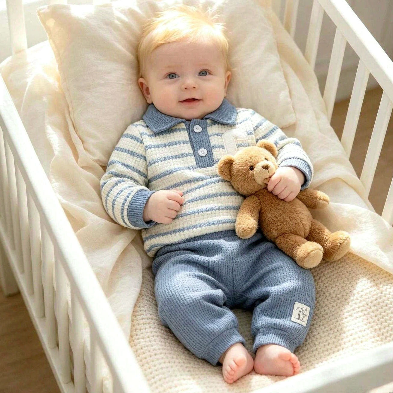 2PCS Casual Stripe Printed Waffle Knit Long Sleeve Baby Set