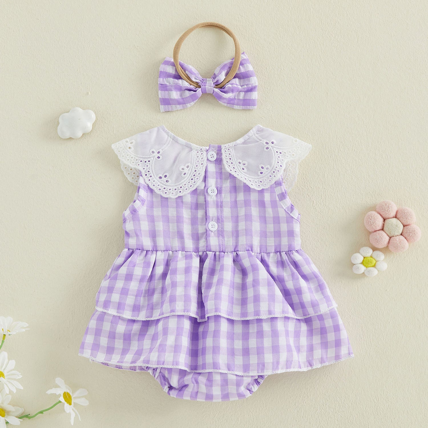 2PCS Grace Floral Appliqué Plaid Print Sleeveless Baby Romper
