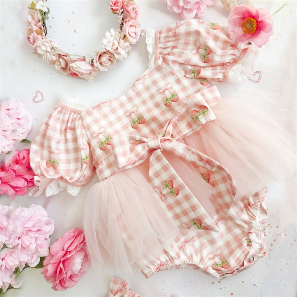 Sweet Strawberry Print Plaid Short Sleeve Baby Romper