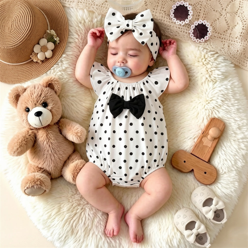 2PCS Cute Polka Dots Print Flutter Sleeve Baby Romper