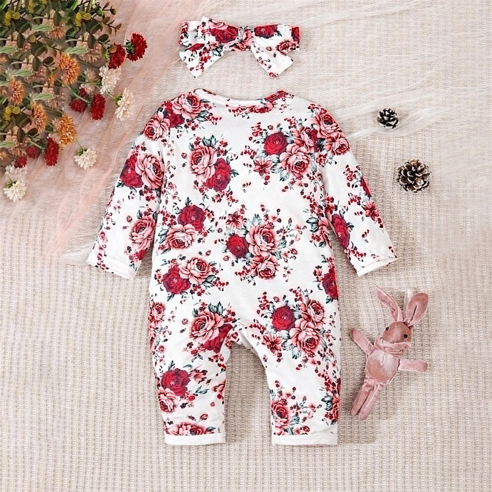 2PCS Allover Floral Print Long Sleeve Baby Jumpsuit