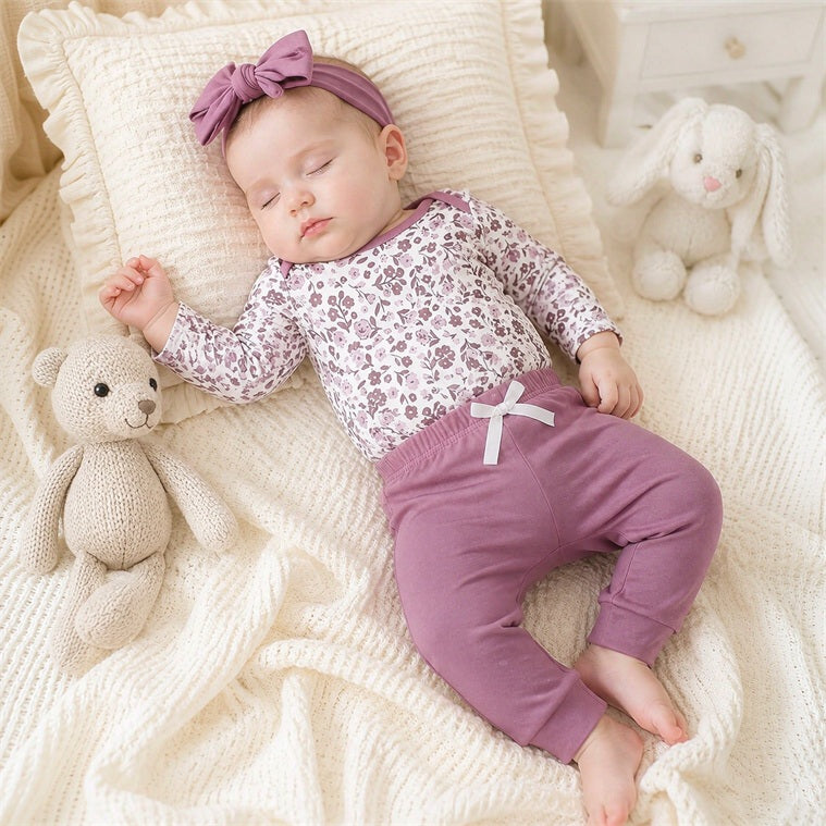 3PCS Dreamy Floral Printed Long Sleeve Baby Girl Set
