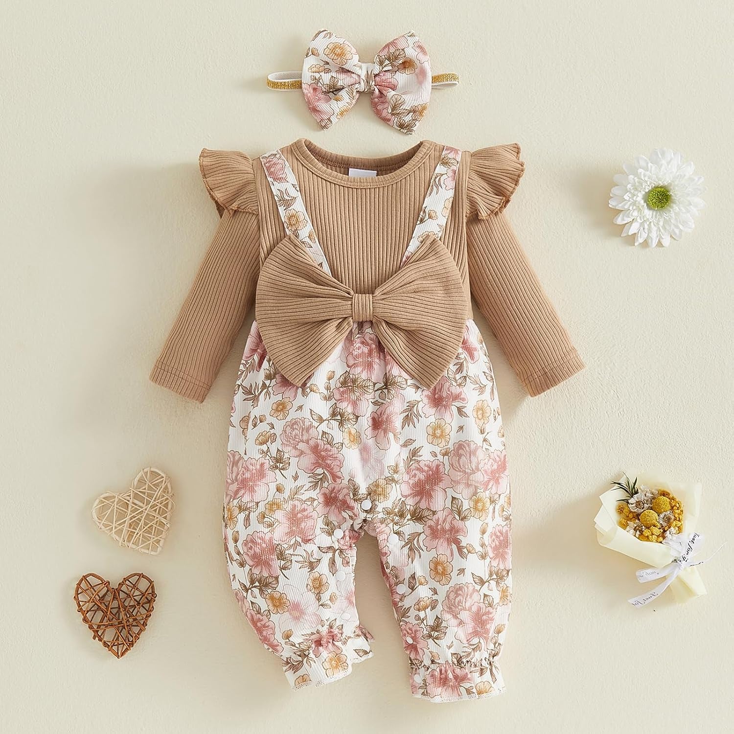 2PCS Classy Floral Printed Long Sleeve Baby Girl Jumpsuit